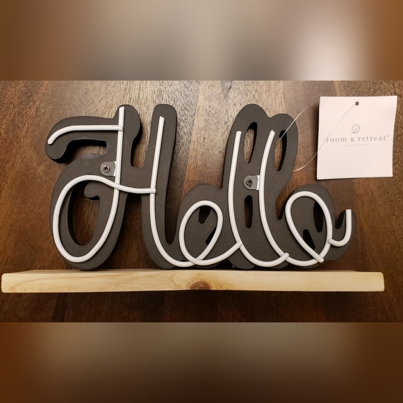 NWT Hello Sign Black & White Decorative Tabletop Accent – Rustic Wood Base - Picture 2 of 9